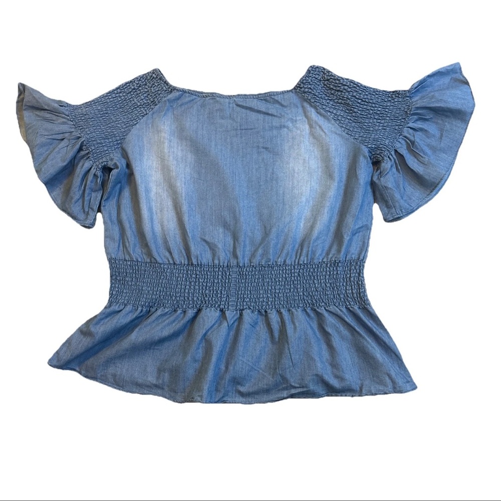 Ashley Stewart Smocked Peplum Stonewash Jean Blouse Flare Sleeve Fairy SZ 18/20 - Picture 3 of 16